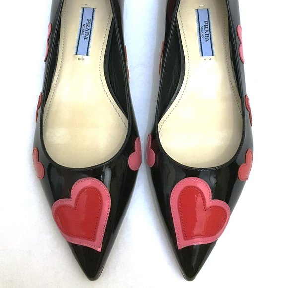 Prada Black Multi Heart-applique Pointed-toe Flats - Picture 3 of 9